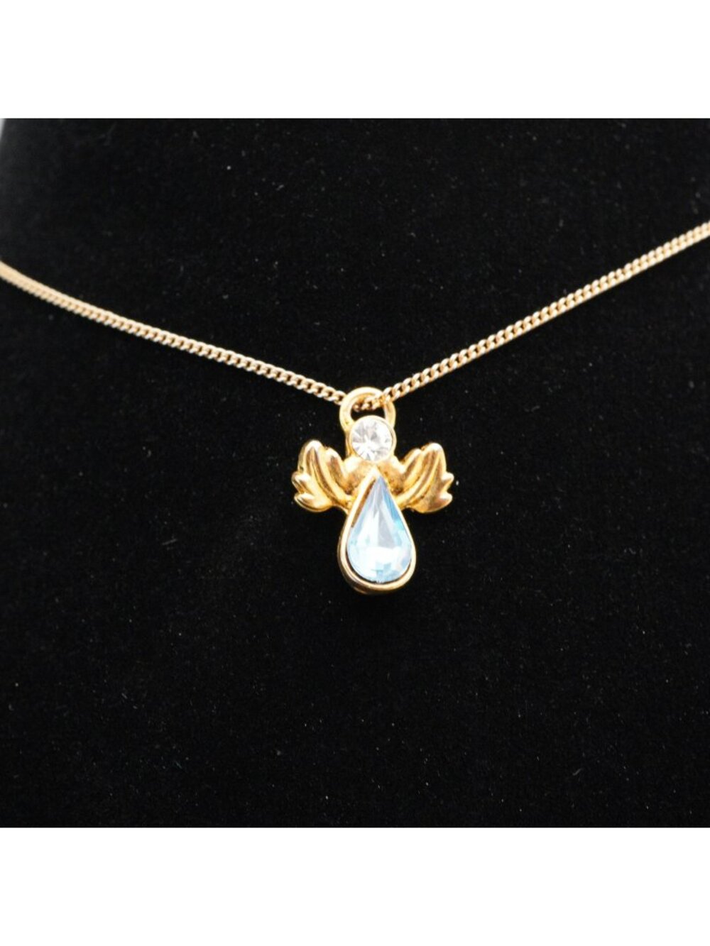 Vintage Gold Tone Guardian Angel Pendant Child's Necklace Blue Stone 13"